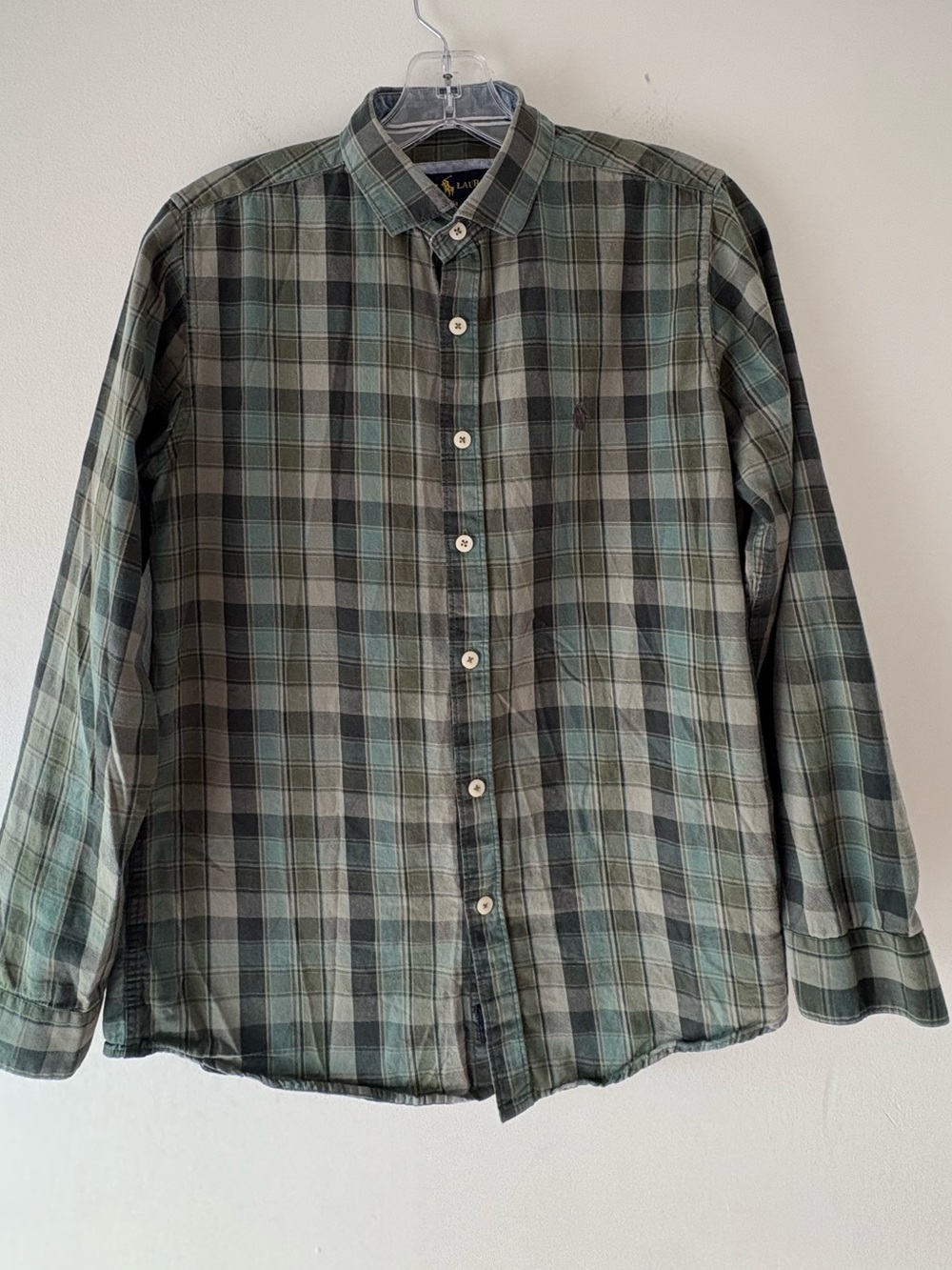Ralph Lauren Green and Gray Plaid long Sleeve ButtonDown Shirt lightweight SizeM